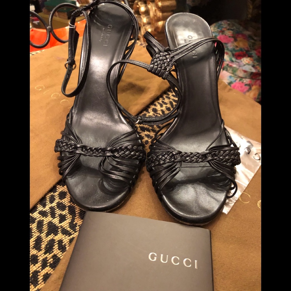 Gucci Black Braided Leather Strappy Sandals